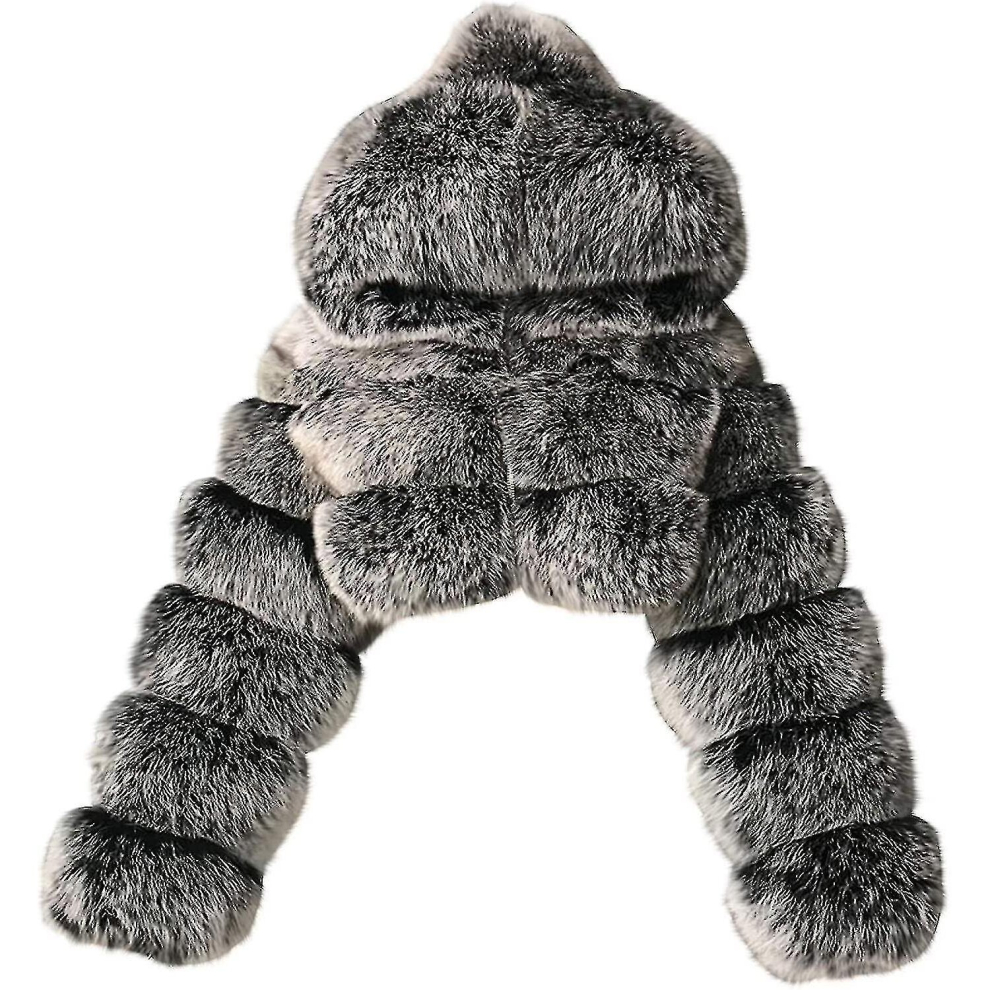 (Dark Gray, Small) Faux Fur Coat Women With Hood Cropped Bubble Coats Fleece Short Warm Jackets Plus Size Winter Coats For Women