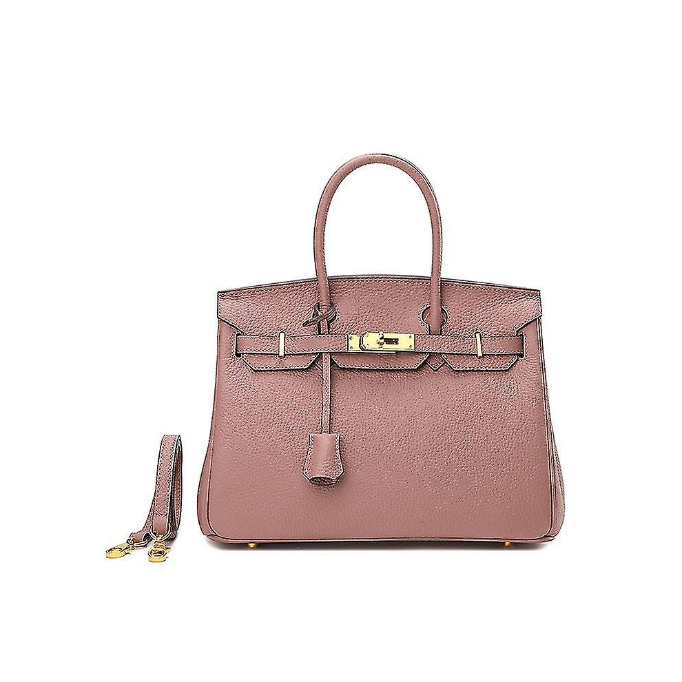 (Bare pink, 35cm) Women Ladies Handbag First Layer Cowhide Fashion Litchi Pattern Birkin Bag