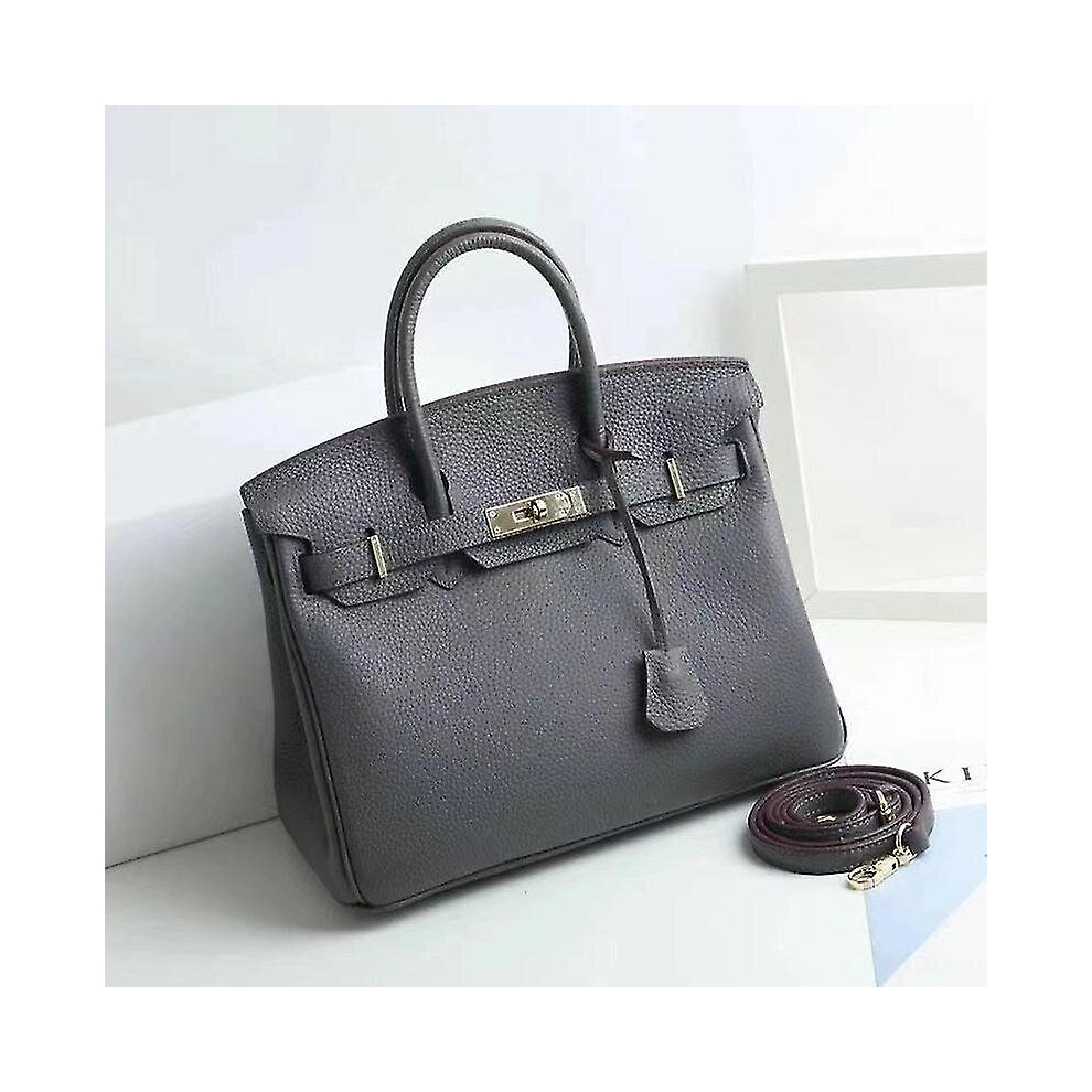 (Iron gray, 20*15*10cm) Ladies Women Leather Handbag Birkin First Layer Cowhide Leather Tote Bag Commuter Crossbody Kelly Handbag