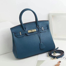 (Medium blue, 35*26*19cm) Ladies Women Leather Handbag Birkin First Layer Cowhide Leather Tote Bag Commuter Crossbody Kelly Handbag