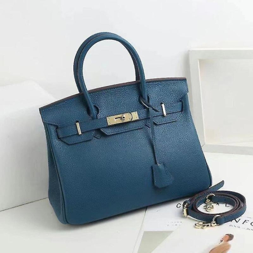 (Medium blue, 35*26*19cm) Ladies Women Leather Handbag Birkin First Layer Cowhide Leather Tote Bag Commuter Crossbody Kelly Handbag