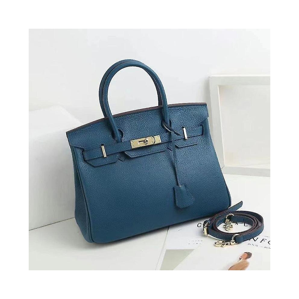 (Medium blue, 35*26*19cm) Ladies Women Leather Handbag Birkin First Layer Cowhide Leather Tote Bag Commuter Crossbody Kelly Handbag