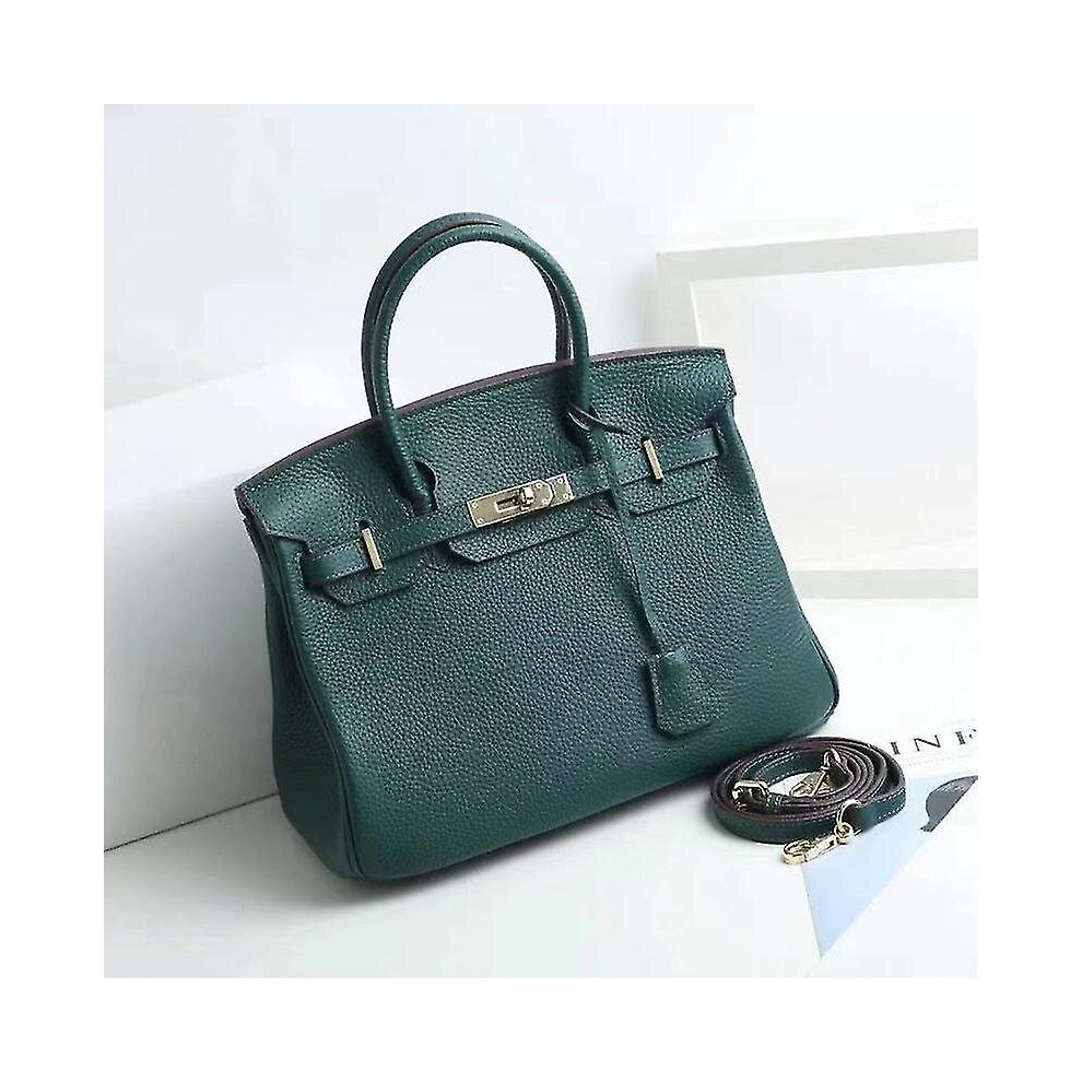 (Dark green, 35*26*19cm) Ladies Women Leather Handbag Birkin First Layer Cowhide Leather Tote Bag Commuter Crossbody Kelly Handbag