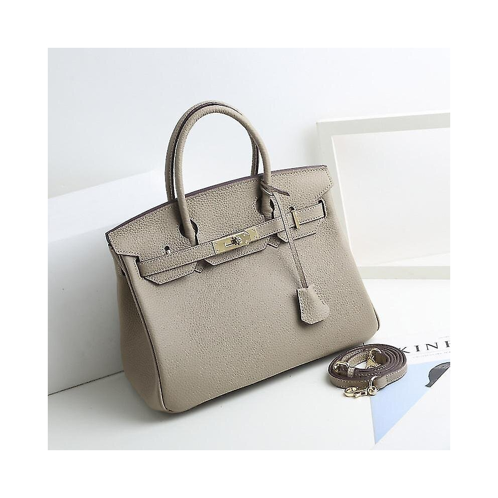 (Light gray, 30*23*16cm) Ladies Women Leather Handbag Birkin First Layer Cowhide Leather Tote Bag Commuter Crossbody Kelly Handbag