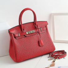 (Bright red, 35*26*19cm) Ladies Women Leather Handbag Birkin First Layer Cowhide Leather Tote Bag Commuter Crossbody Kelly Handbag