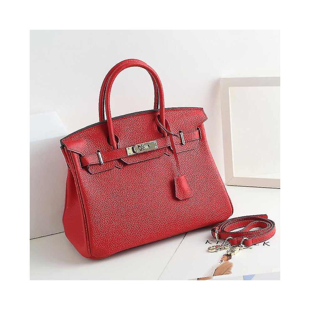 (Bright red, 35*26*19cm) Ladies Women Leather Handbag Birkin First Layer Cowhide Leather Tote Bag Commuter Crossbody Kelly Handbag