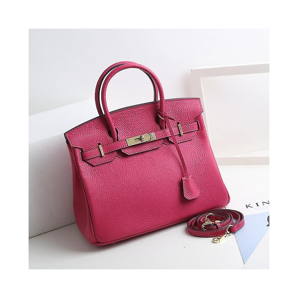 (Rose red, 30*23*16cm) Ladies Women Leather Handbag Birkin First Layer Cowhide Leather Tote Bag Commuter Crossbody Kelly Handbag