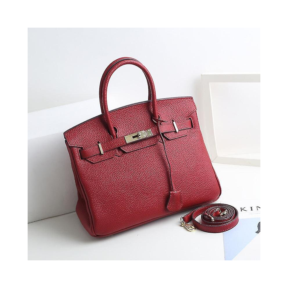(Wine red, 20*15*10cm) Ladies Women Leather Handbag Birkin First Layer Cowhide Leather Tote Bag Commuter Crossbody Kelly Handbag