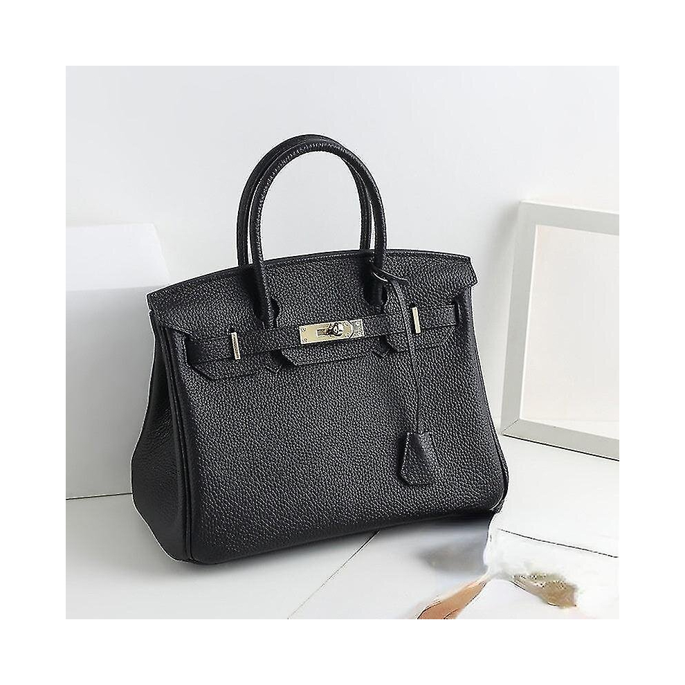 (Black, 35*26*19cm) Ladies Women Leather Handbag Birkin First Layer Cowhide Leather Tote Bag Commuter Crossbody Kelly Handbag
