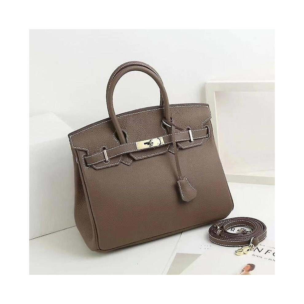 (Dark gray, 30*23*16cm) Ladies Women Leather Handbag Birkin First Layer Cowhide Leather Tote Bag Commuter Crossbody Kelly Handbag
