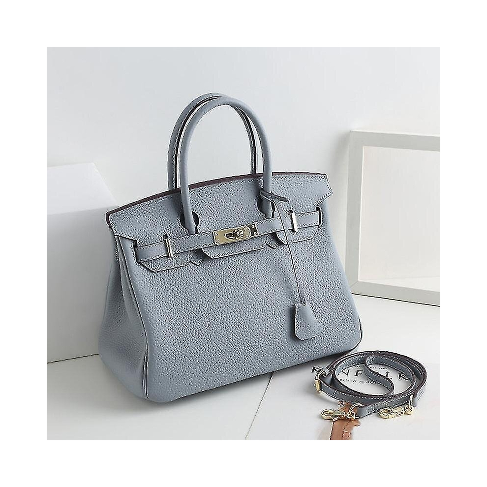 (Linen 25*19*13Cm) Ladies Women Leather Handbag Birkin First Layer Cowhide Leather Tote Bag Commuter Crossbody Kelly Handbag Blue