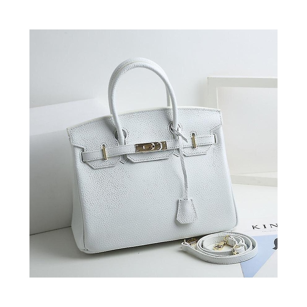(Pure white, 35*26*19cm) Ladies Women Leather Handbag Birkin First Layer Cowhide Leather Tote Bag Commuter Crossbody Kelly Handbag