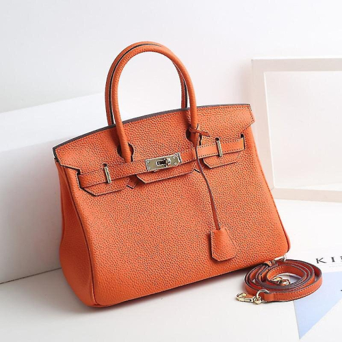 (Orange, 30*23*16cm) Ladies Women Leather Handbag Birkin First Layer Cowhide Leather Tote Bag Commuter Crossbody Kelly Handbag