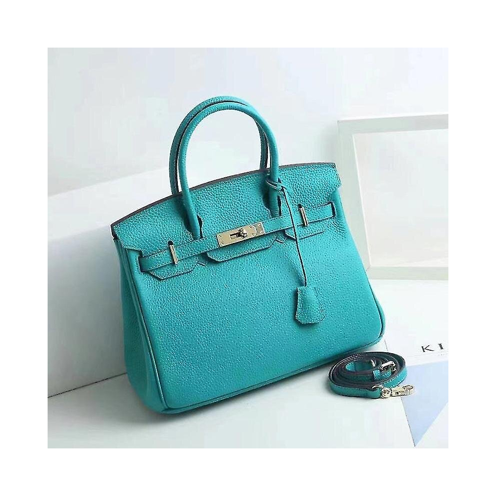 (Lake green, 30*23*16cm) Ladies Women Leather Handbag Birkin First Layer Cowhide Leather Tote Bag Commuter Crossbody Kelly Handbag