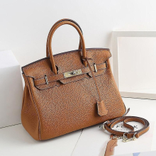 (Yellowish brown, 30*23*16cm) Ladies Women Leather Handbag Birkin First Layer Cowhide Leather Tote Bag Commuter Crossbody Kelly Handbag
