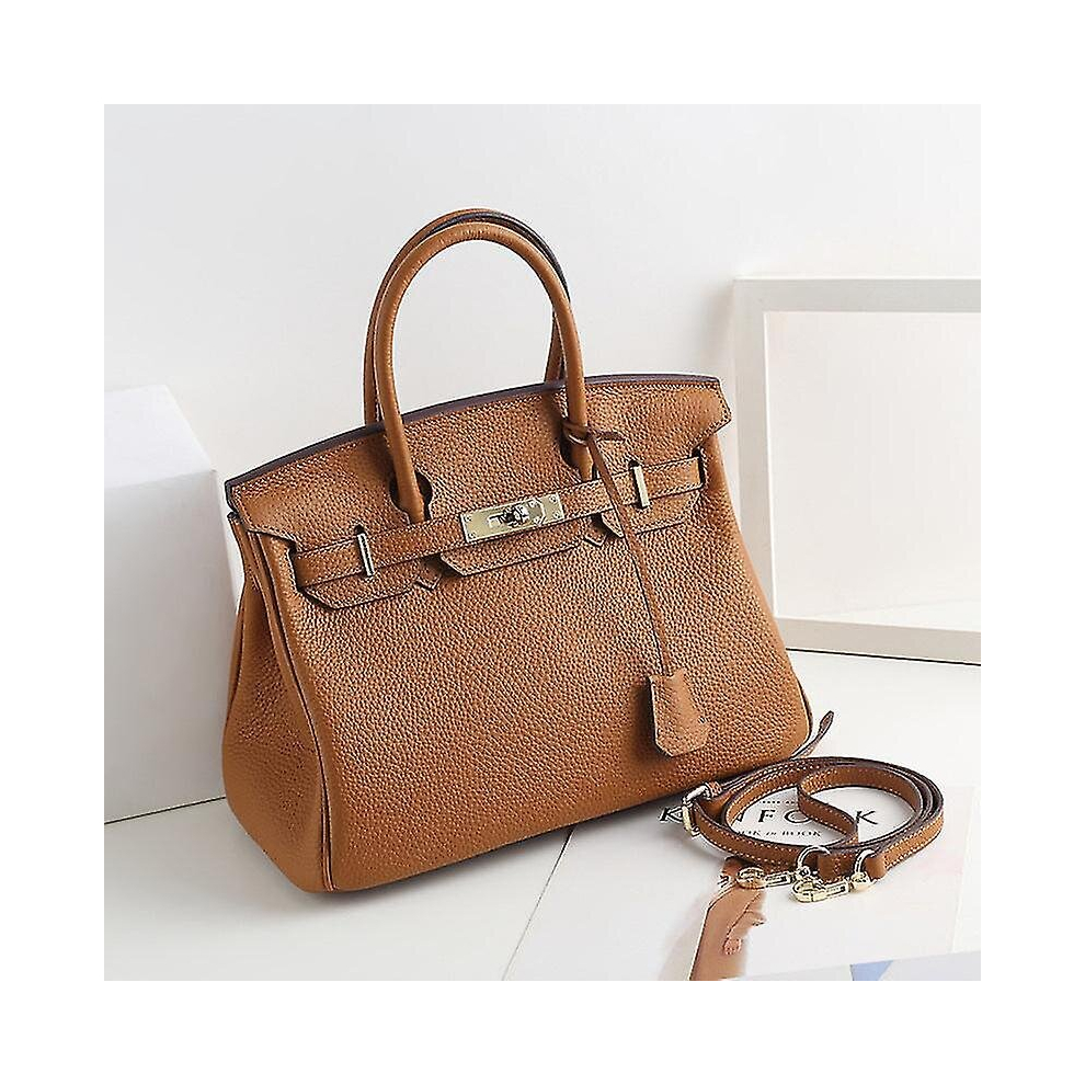 (Yellowish brown, 30*23*16cm) Ladies Women Leather Handbag Birkin First Layer Cowhide Leather Tote Bag Commuter Crossbody Kelly Handbag