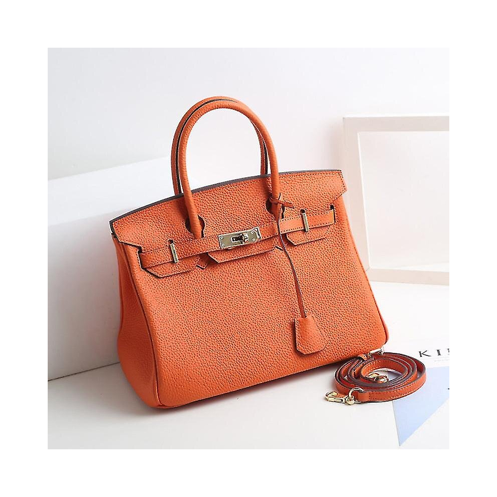 (Orange, 35*26*19cm) Ladies Women Leather Handbag Birkin First Layer Cowhide Leather Tote Bag Commuter Crossbody Kelly Handbag