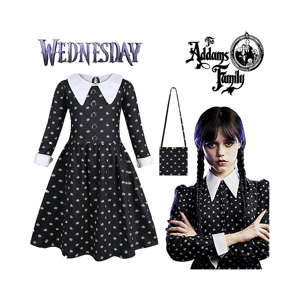 (Dress Bag, 6-7 Years) 2023 Movie Wednesday Addams Dress For Girls, Halloween Wednesday Addams Costume Outfit, Kids Cosplay Fancy Dress Up Not,Specified
