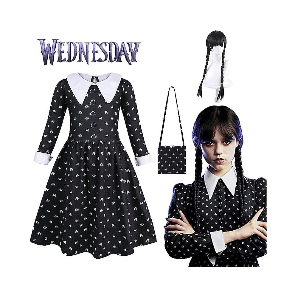 (Dress Bag And Wigs, 4-5 Years) 2023 Movie Wednesday Addams Dress For Girls, Halloween Wednesday Addams Costume Outfit, Kids Cosplay Fancy Dress Up Not,Specified
