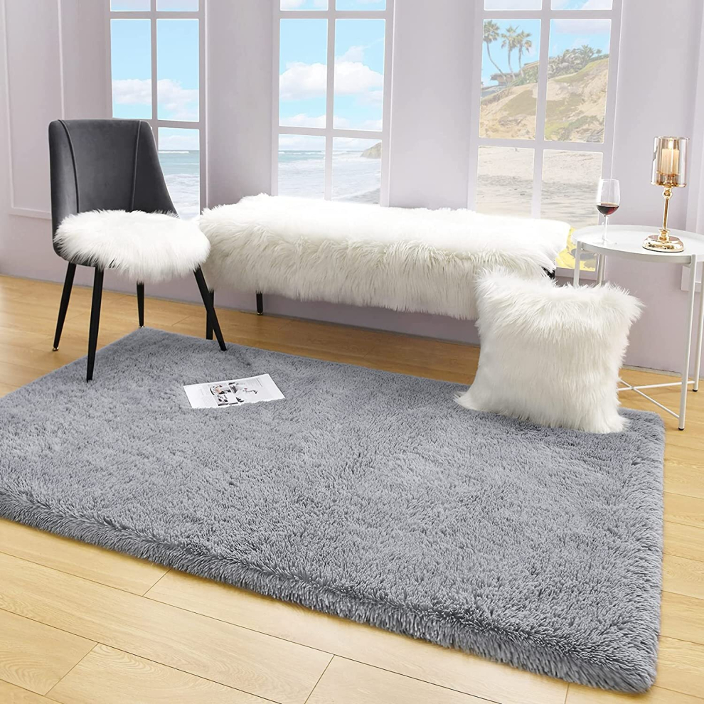 (120cm x 170cm (4ft x 5ft 6")_AREA RUG, Grey) Grey Shaggy Large Rugs Runner & Non Slip Bath Door Mats