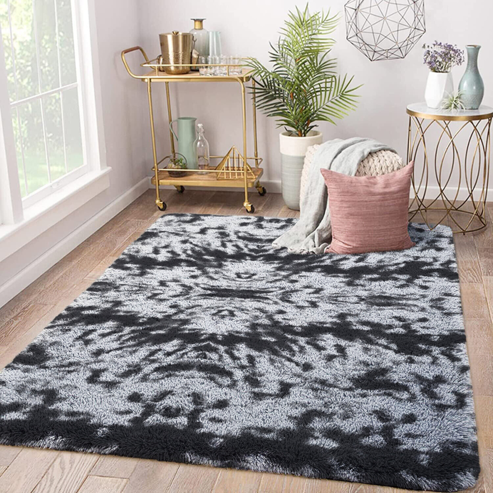 (120cm x 170cm (4ft x 5ft 6")_AREA RUG, Grey Black Charcoal) Grey Shaggy Large Rugs Runner & Non Slip Bath Door Mats