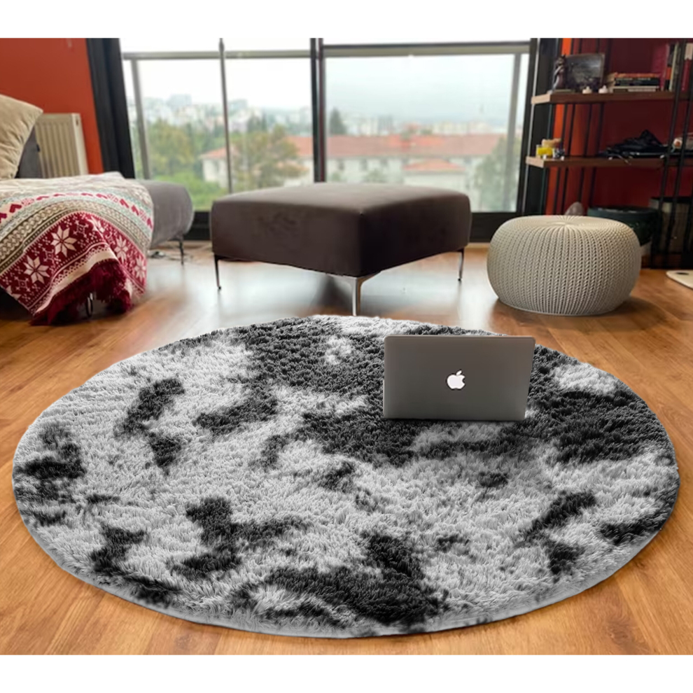 (120cm x 120cm (4ft x 4ft)_ROUND RUG, Grey Black Charcoal) Grey Shaggy Large Rugs Runner & Non Slip Bath Door Mats