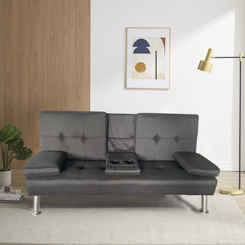 (Black) Modern 3D Fabric Sofa Bed With 2 Cup Holders