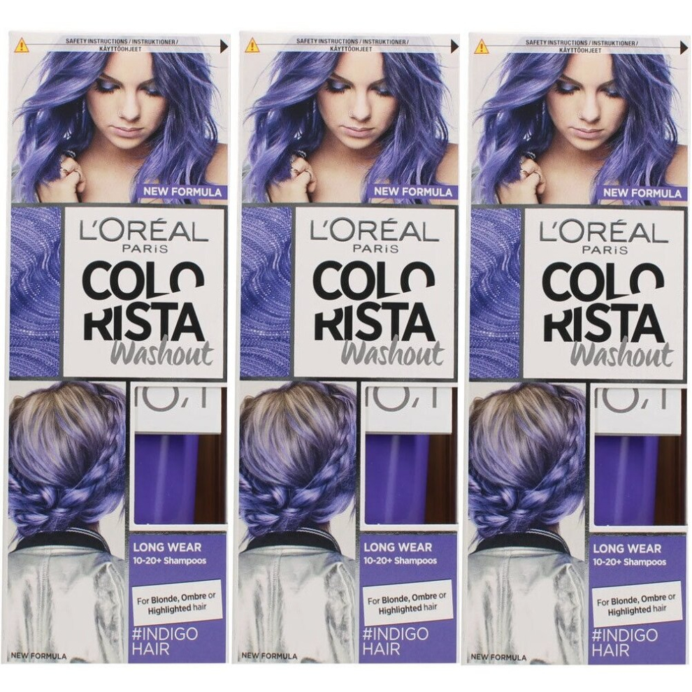 3 x 80ml L'Oreal Paris Colorista Washout Semi-Permanent Hair Dye - Indigo