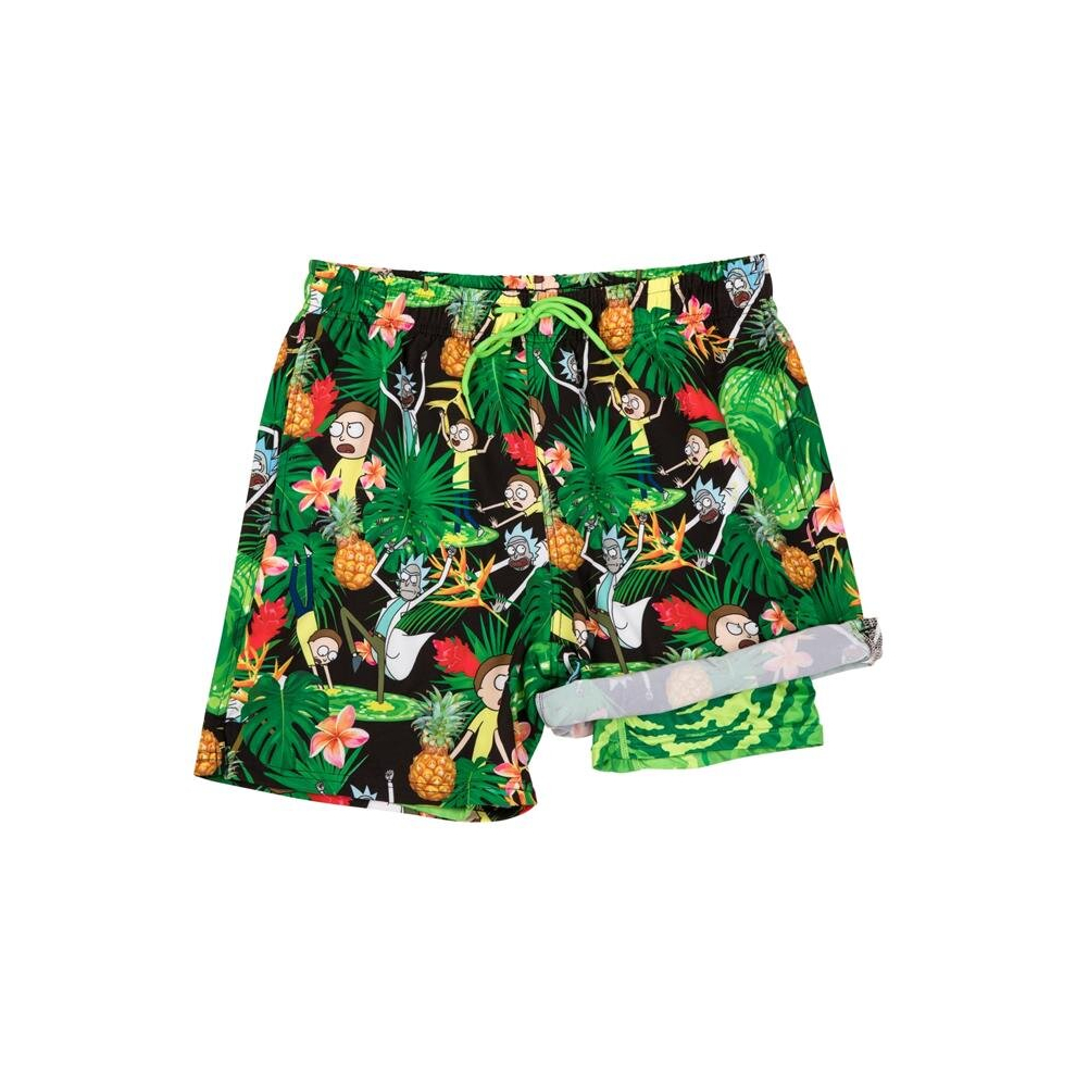 Rick & Morty 866866-small-28 Rick & Morty Tropical Adventures 6 in. Inseam Lined Swim Trunks, Multi Color - Small - 28-30