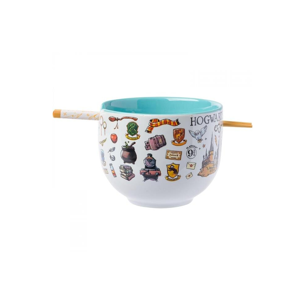 Harry Potter 869706 Harry Potter Hogwarts Icon Collage Ramen Bowl with Chopsticks, White & Blue