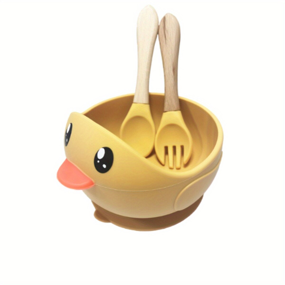 3PCS Cartoon Duck Childrens Tableware Silicone Suction Bowl Baby Anti fall Bowl Feeding Tableware Complementary Food Bowl Fork Spoon Tableware Set