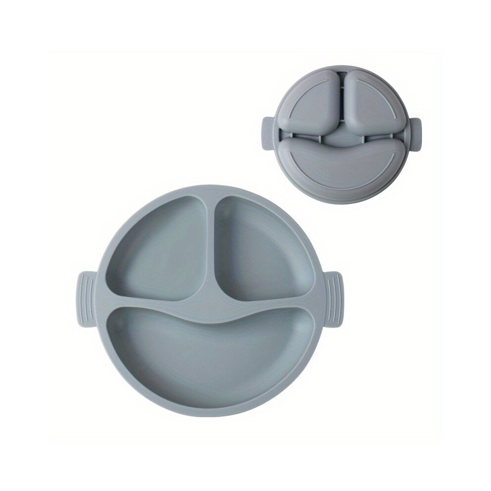 1Pc Childrens Silicone Tableware Infant Smiley Face Three Compartment Dinner Plate Baby Feeding Complementary Food Bowl Silicone Tableware Grey
