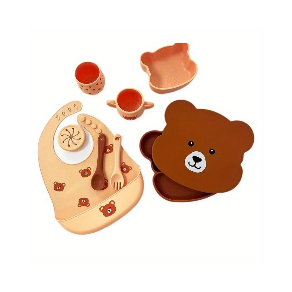 1 Set Bear Dinner Plate Set Baby Food Supplement Bowl Spoon Divided Grid Cartoon 8pcs Package Plate Childrens Silicone Tableware