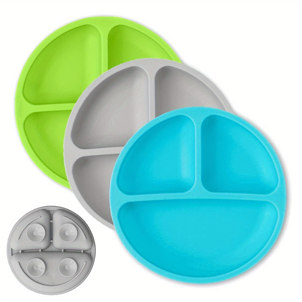 Set Of 3 Toddler Plates With Suction Baby Plates 100 Food Silicone Divided Plates Bpa Microwave & Dishwasher Safe Multicoloured