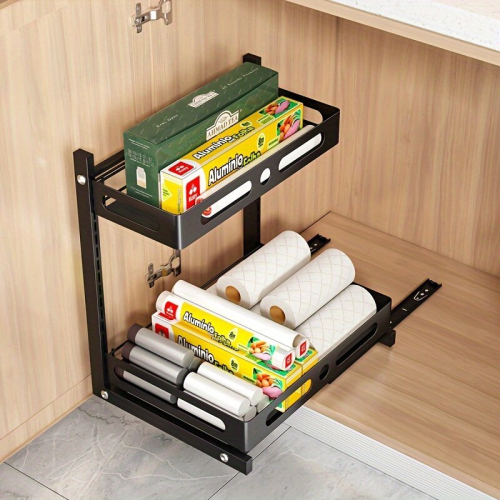 1set Under Sink Organizer 2 Tier Sliding Basket Organizer