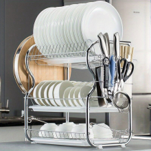 1pc 3 Tier Dish Drainer Rack With Drip Tray Stainless Steel Sink Plate Bowl Cutlery Drying Holder Dish Drying Rack With Cutting Board Holder And Cup H