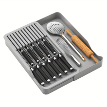 1pc 2 Tier Block with Expandable Storage Tray Organize 11 Knives and Flatware in Style Kitchen Accessories in Gray