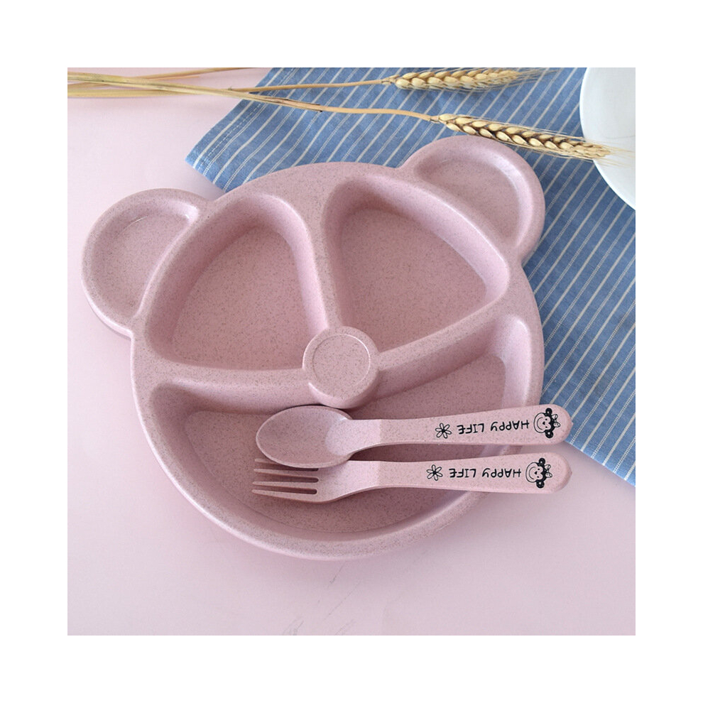 1Pc Childrens Divided Grid Dinner Plate With Spoon And Fork Kindergarten Student Tableware Set Reusable Feeding Bowl Pink
