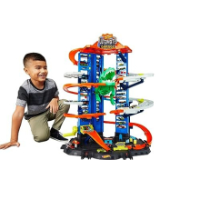 Hot Wheels Ultimate Garage Track Set with 2 Toy Cars, Hot Wheels City Playset with Multi-Level Side-by-Side Racetrack, Moving T-Rex Dino, GJL14