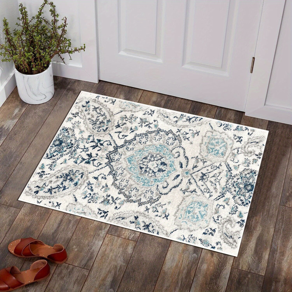 1pc Damask Floral Collection Area Rug Grey Small Entryway Rug Boho Distressed Doormat Faux Wool Non Slip Washable Low Pile Carpet For Bathroom Kitchen-image-OPC-PCNZXYZ-NEW