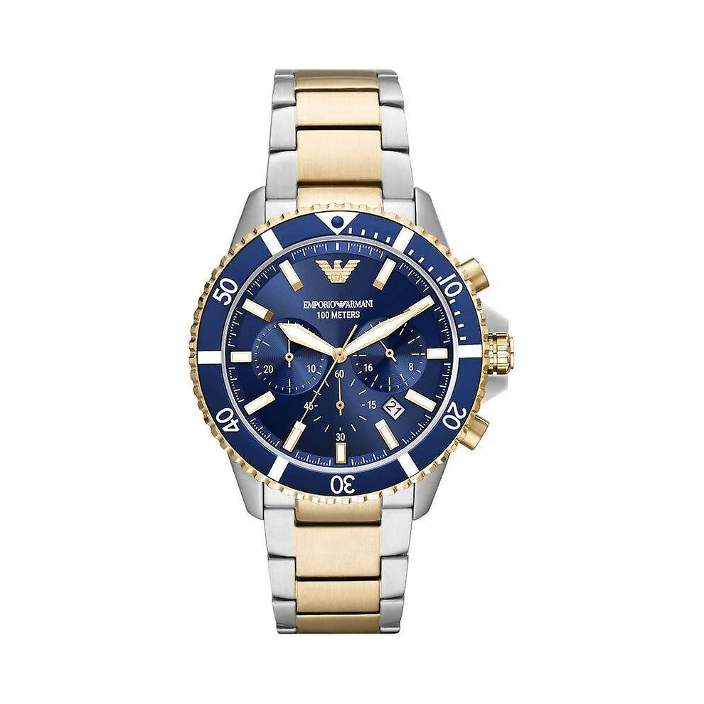 Armani Emporio Ar11362 Diver Chronograph Watch For Men - 43Mm Stainless Steel, Blue Dial, Silver/Gold Strap, 10 Atm, Quartz Movement Black
