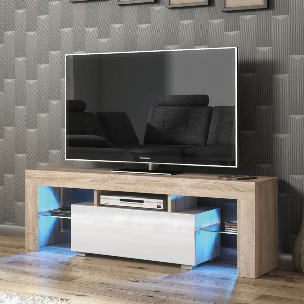 Floe 130cm TV Unit LED - Oak & White Gloss Doors