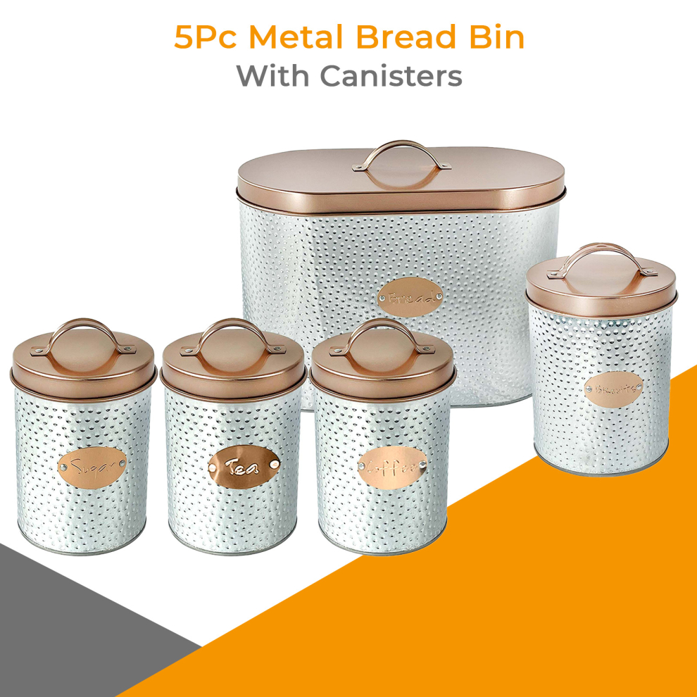 5PCs Metal Bread Bin Box Canister Set Lid Tea Coffee Sugar Biscuits