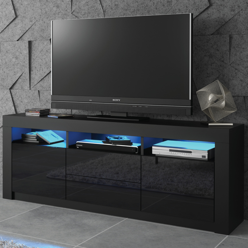 TV Unit 160cm Sideboard Cabinet Cupboard TV Stand High Black Doors