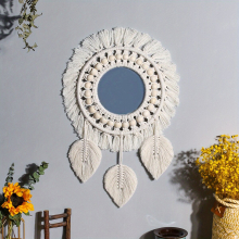 1pc Bohemian Woven Wall Mirror With Acrylic Mirror Minimalist Macrame Wall Hanging Boho Fabric Braided Hanging Decoration For Home Decoration