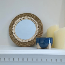 1pc Boho Rattan Straw Round Mirror Vintage Wall Hanging Decor for Living Room Bedroom Office and Home Farmhouse Decor