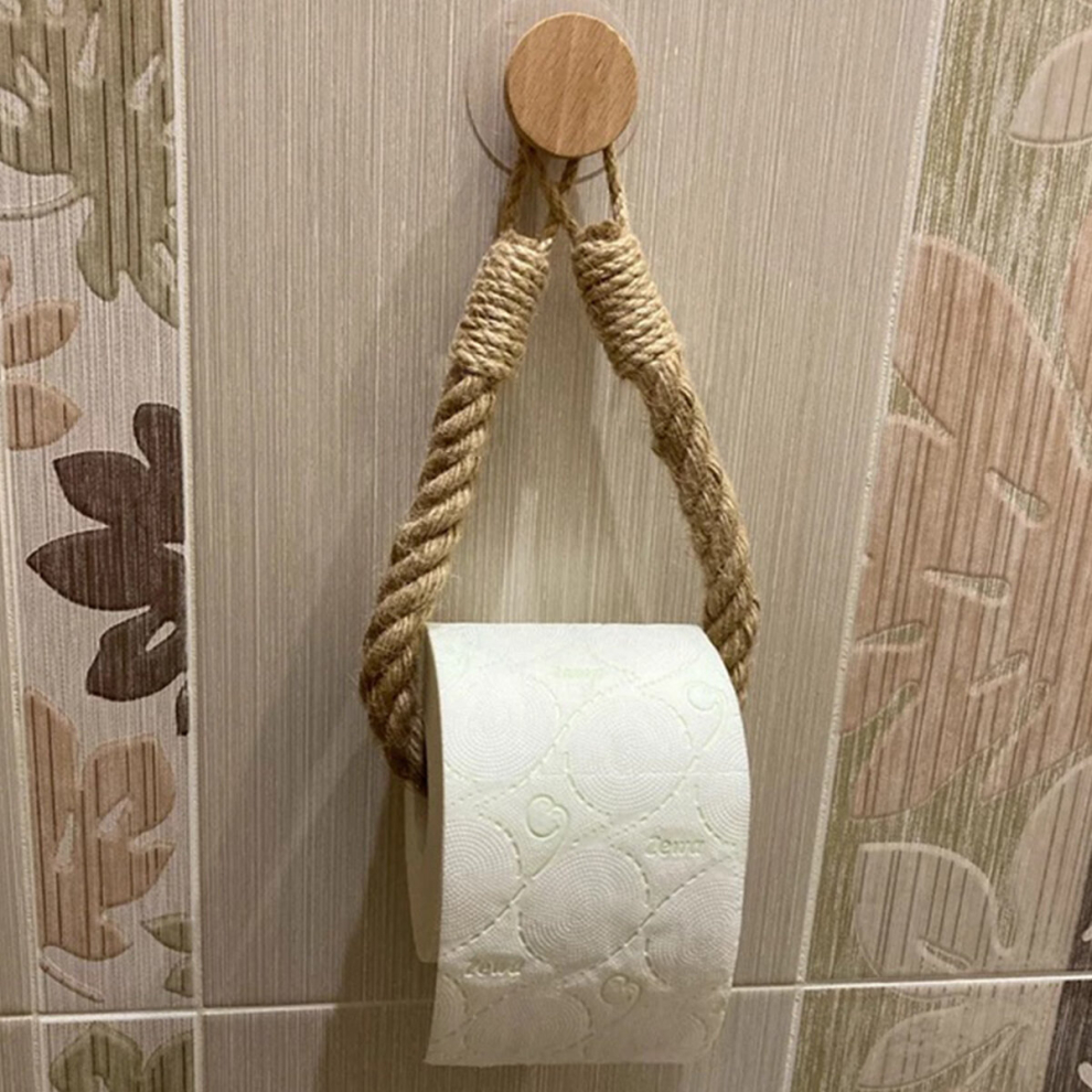 1pc Hemp Rope Paper Towel Holder Solid Wood Cotton Rope Weaving Storage Towel Holder Face Towel Storage Rack Creative No Punch Roll Paper Holder