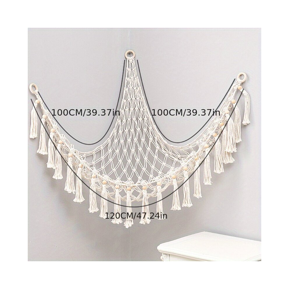 1Pc Stuffed Animal Storage Hammock Boho Plush Toy Hanging Corner Mesh With Tassels For Nursery Bedroom Playroom Multicoloured