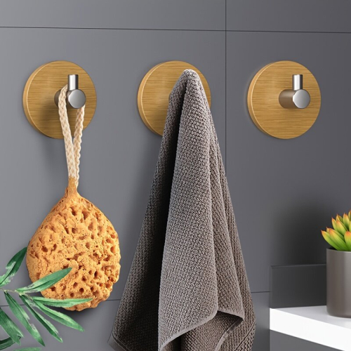 1pc Self Adhesive Bamboo Hook Wall Mounted Wall Hook For Hanging Towel Multifunctional Utility Hooks 1