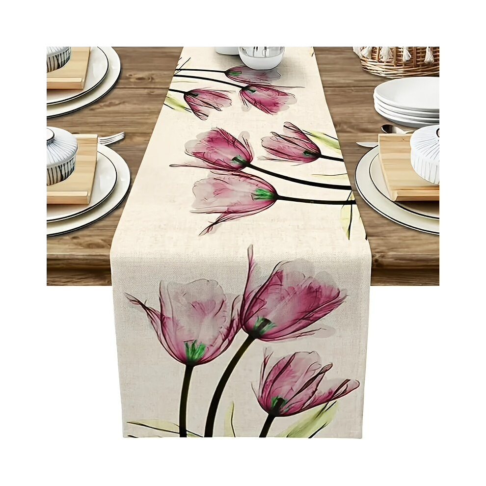 1pc Linen Table Runner Purple Flower Long Dinner Retro Tulip Table Runner Dress Scarf Farmhouse Linen Holiday Table Runner Room Decor-image-OPC-PCP5FBS-NEW